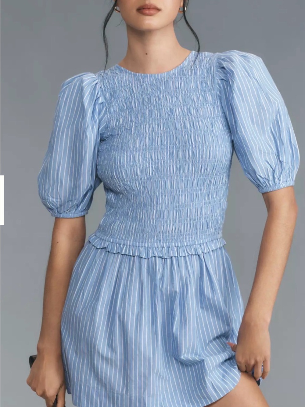Damson Madder Bluebelle Puff-Sleeve Shirred Mini Dress